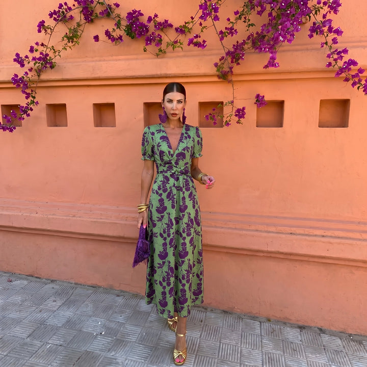 Violet - Women's Wedding Guest Wrap Puff Sleeve Midi Dress - Midi Dress - Green - Davies & Cooper