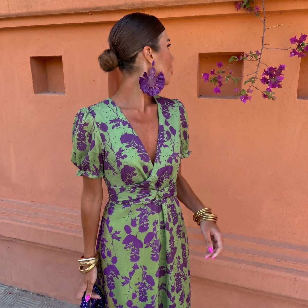 Violet - Women's Wedding Guest Wrap Puff Sleeve Midi Dress - Midi Dress - Green - Davies & Cooper