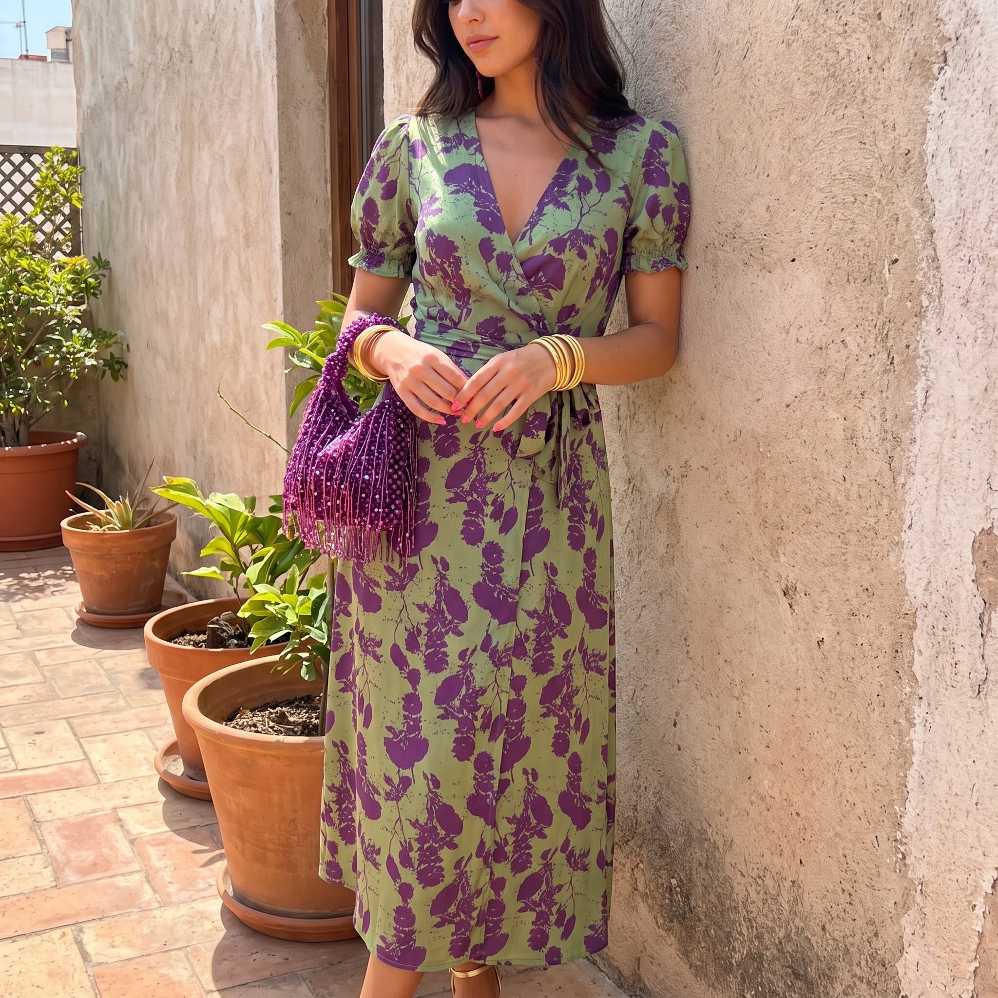 Violet - Women's Wedding Guest Wrap Puff Sleeve Midi Dress - Midi Dress - Green - Davies & Cooper