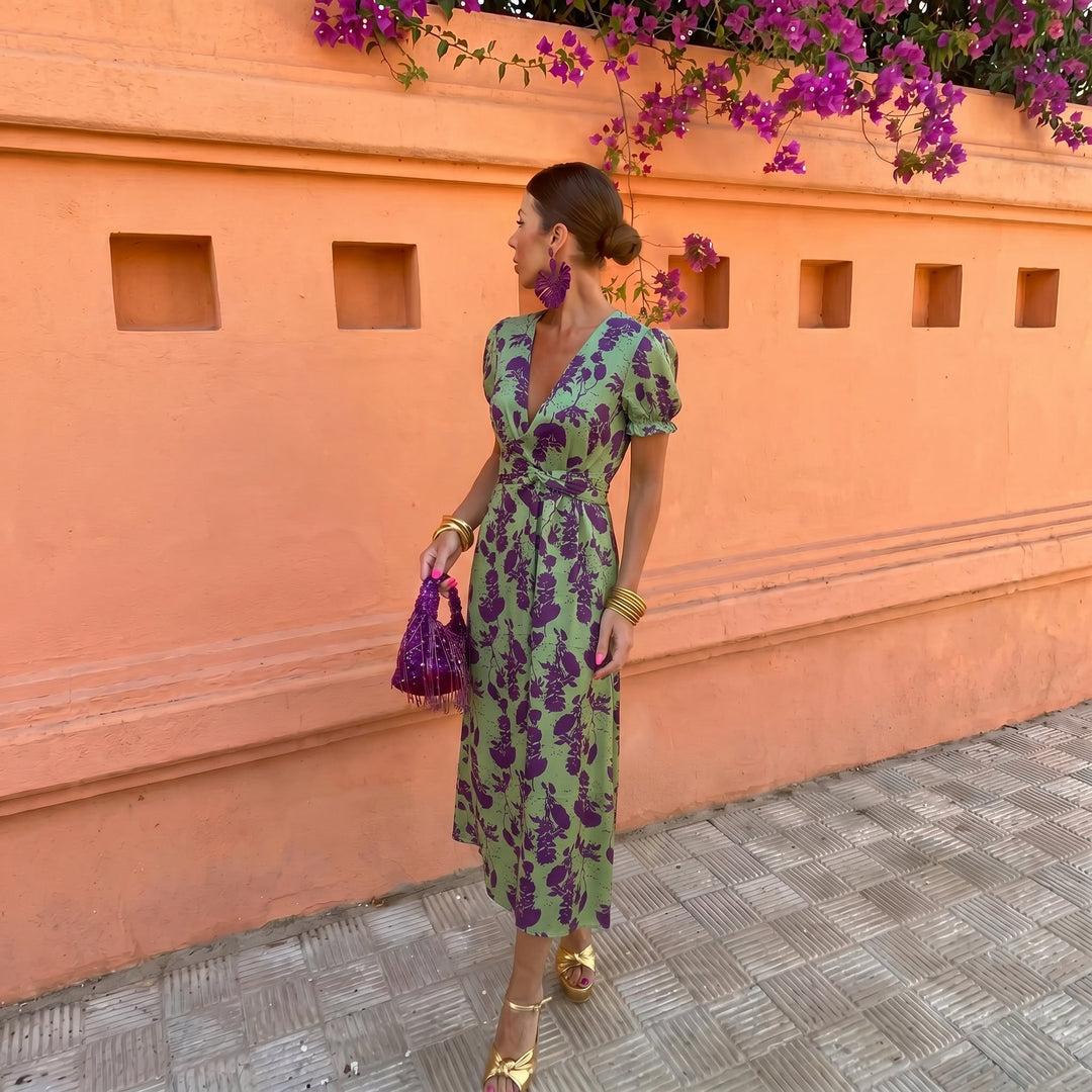 Violet - Women's Wedding Guest Wrap Puff Sleeve Midi Dress - Midi Dress - Green - Davies & Cooper