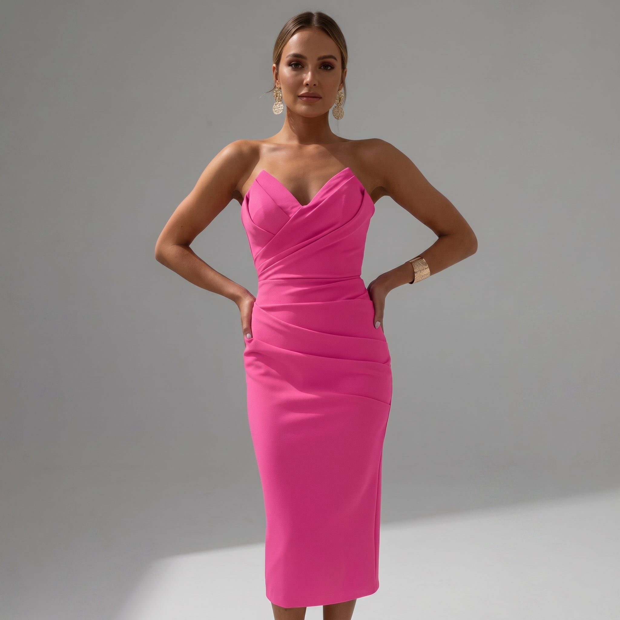 Vivienne - Women's Summer Ruched Midi Dress - Midi Dress - Pink - Davies & Cooper