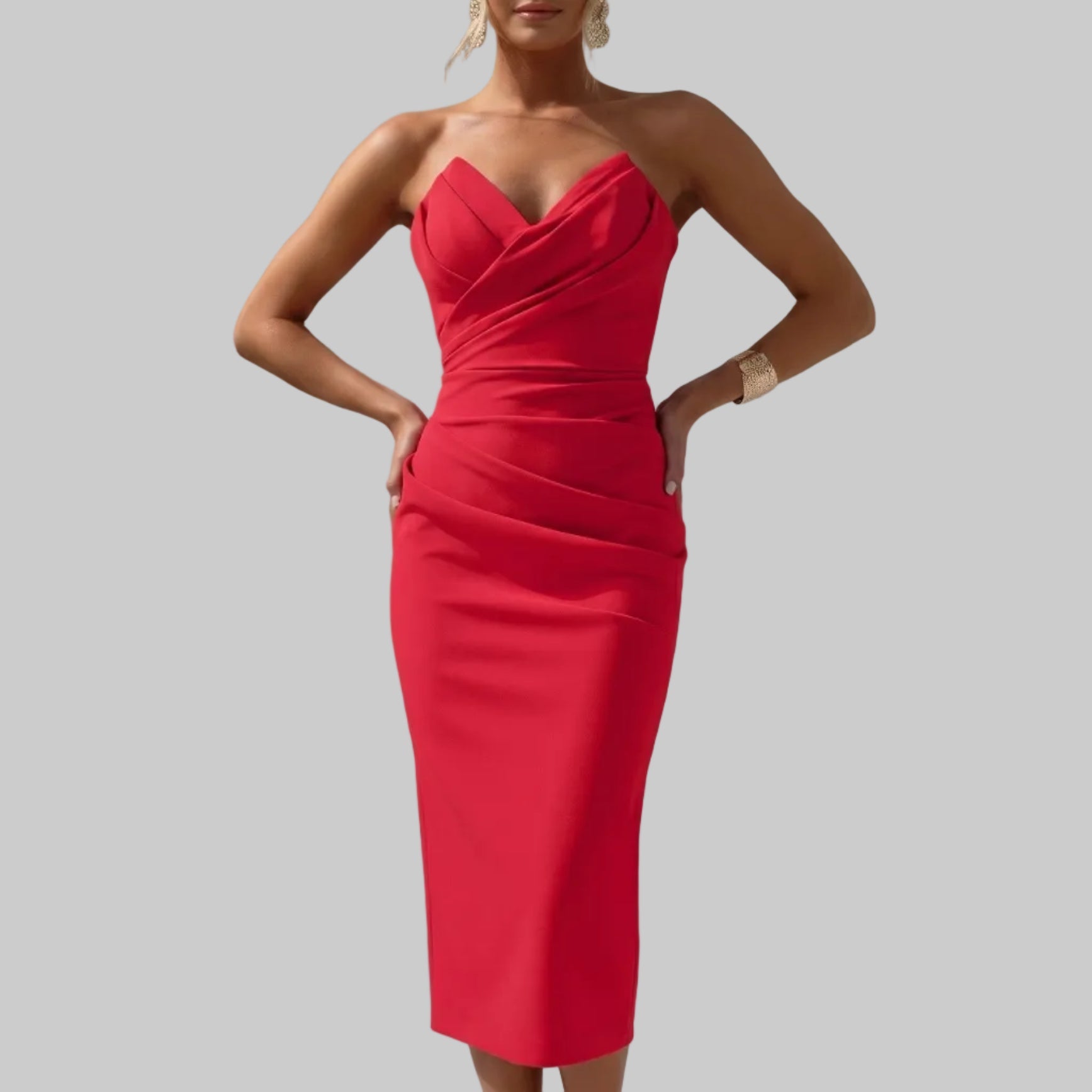 Vivienne - Women's Summer Ruched Midi Dress - Midi Dress - Red - Davies & Cooper