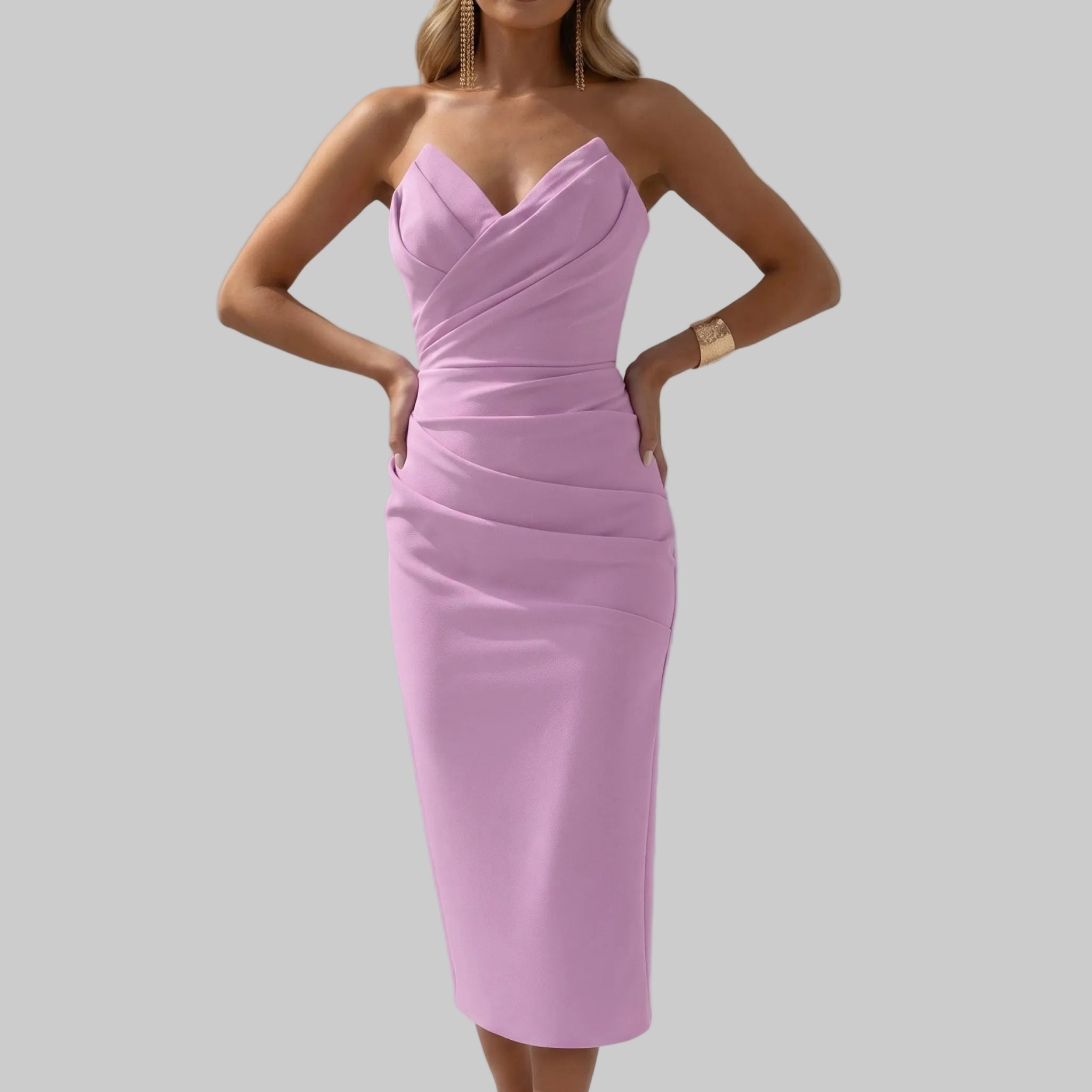 Vivienne - Women's Summer Ruched Midi Dress - Midi Dress - Light Pink - Davies & Cooper