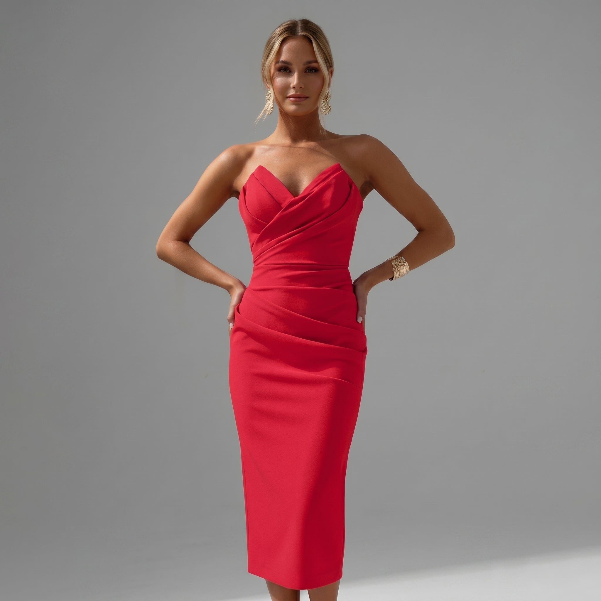 Vivienne - Women's Summer Ruched Midi Dress - Midi Dress - Red - Davies & Cooper