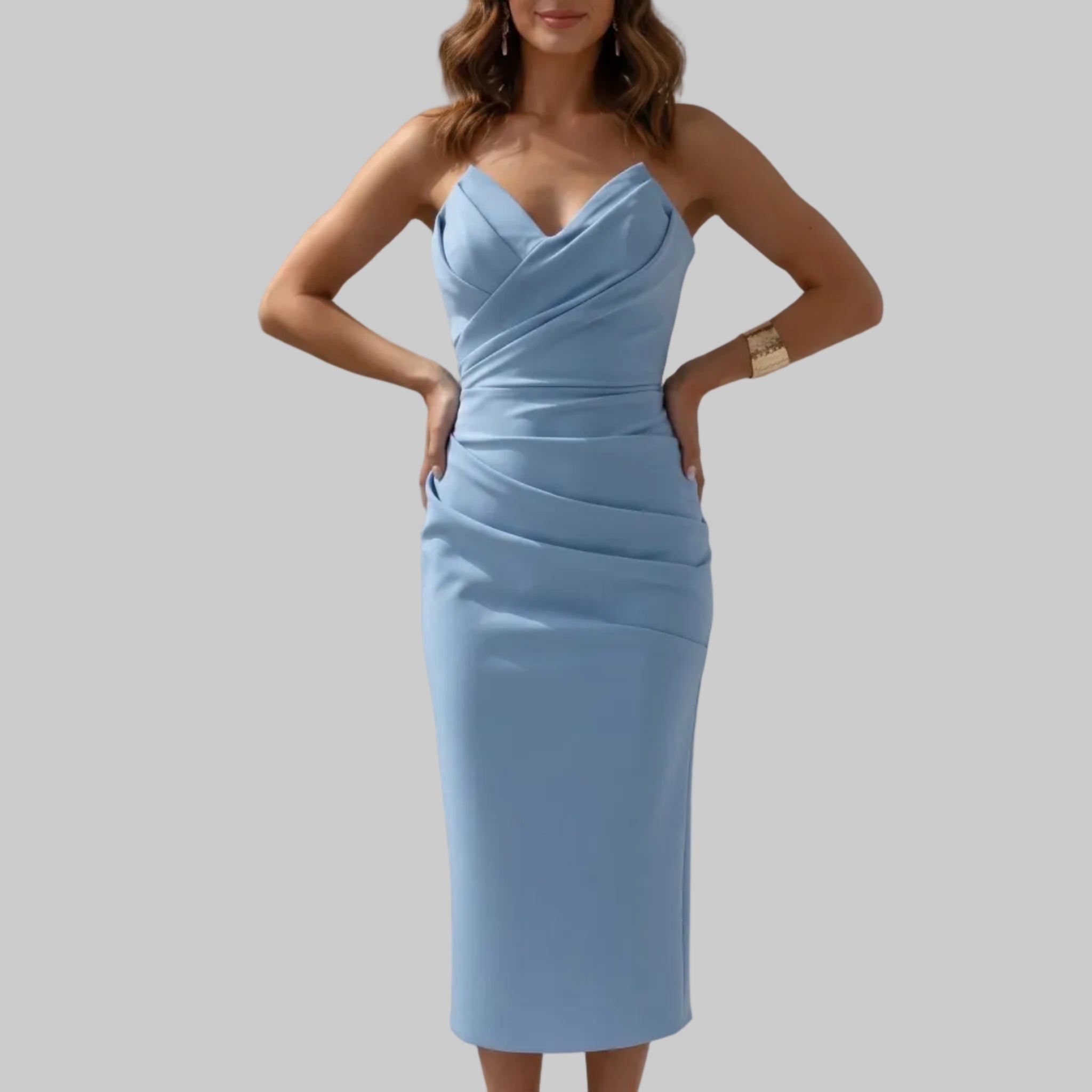 Vivienne - Women's Summer Ruched Midi Dress - Midi Dress - Blue - Davies & Cooper
