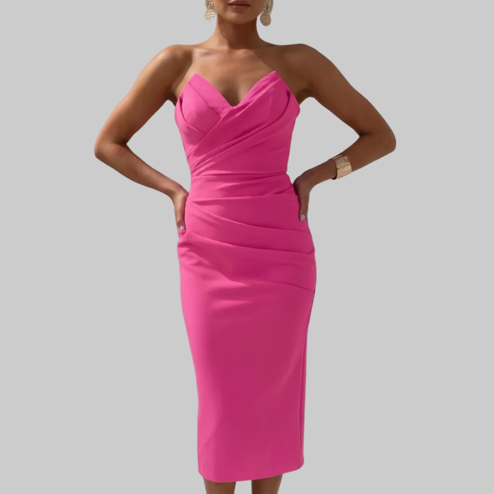 Vivienne - Women's Summer Ruched Midi Dress - Midi Dress - Pink - Davies & Cooper
