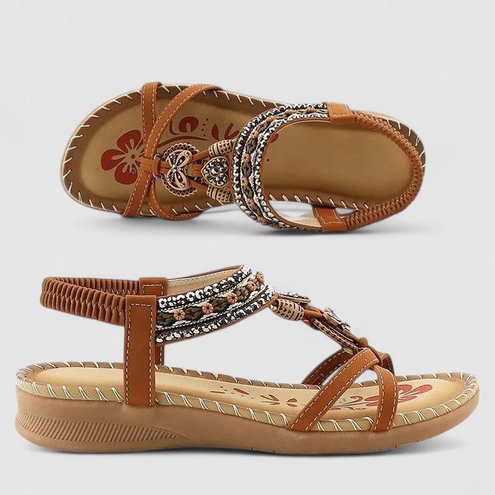 Freya - Women's Bohemian Beaded Flat Sandals with Elastic Ankle Strap
