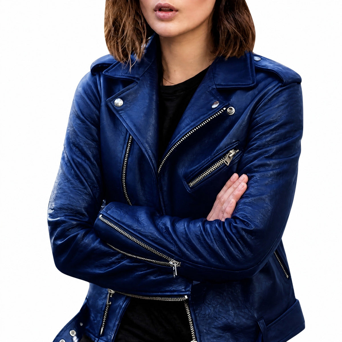 Waleria - Women's Slim Fit Biker Jacket with Silver Zips - Motorcycle Outerwear - Blue - Davies & Cooper