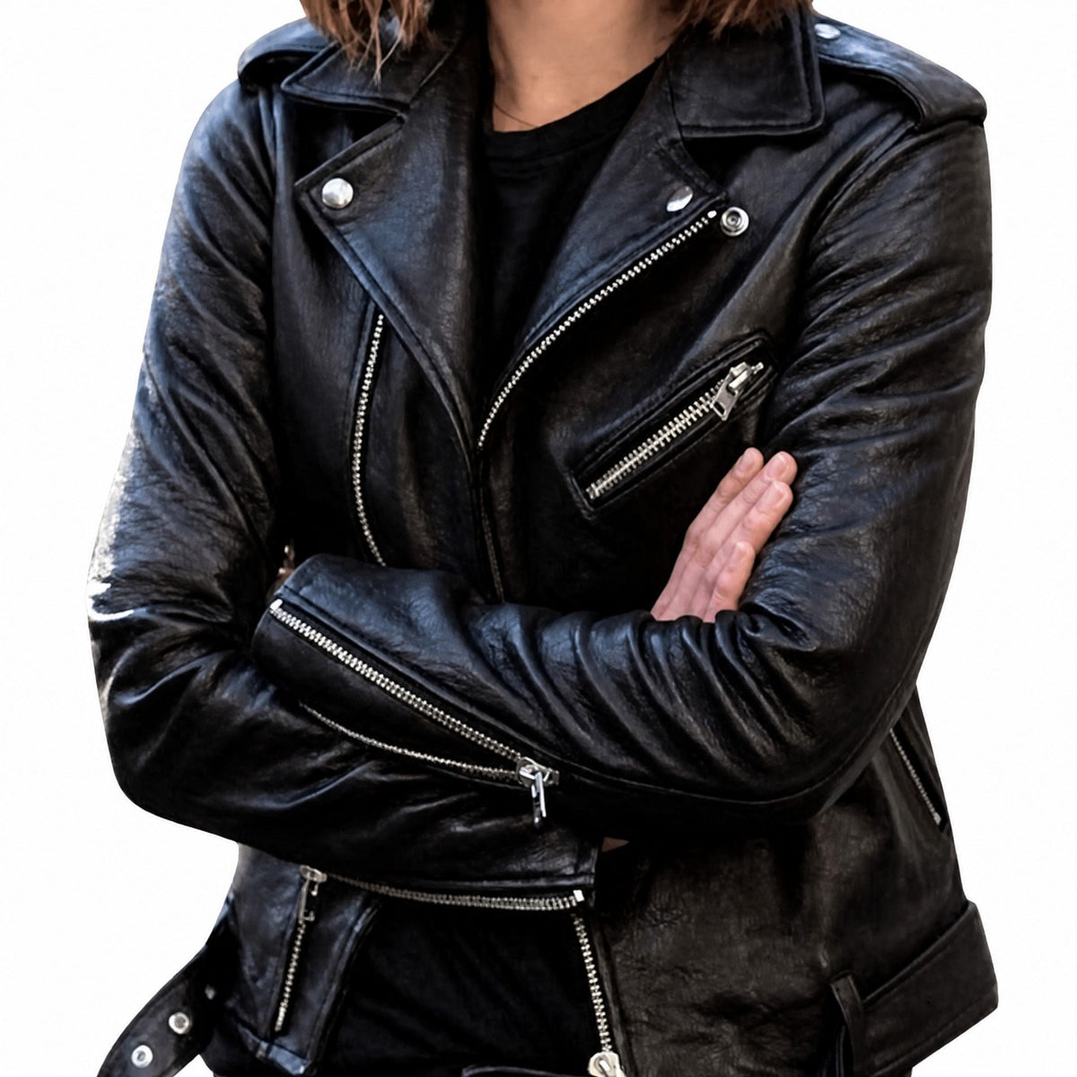 Waleria - Women's Slim Fit Biker Jacket with Silver Zips - Motorcycle Outerwear - Black - Davies & Cooper