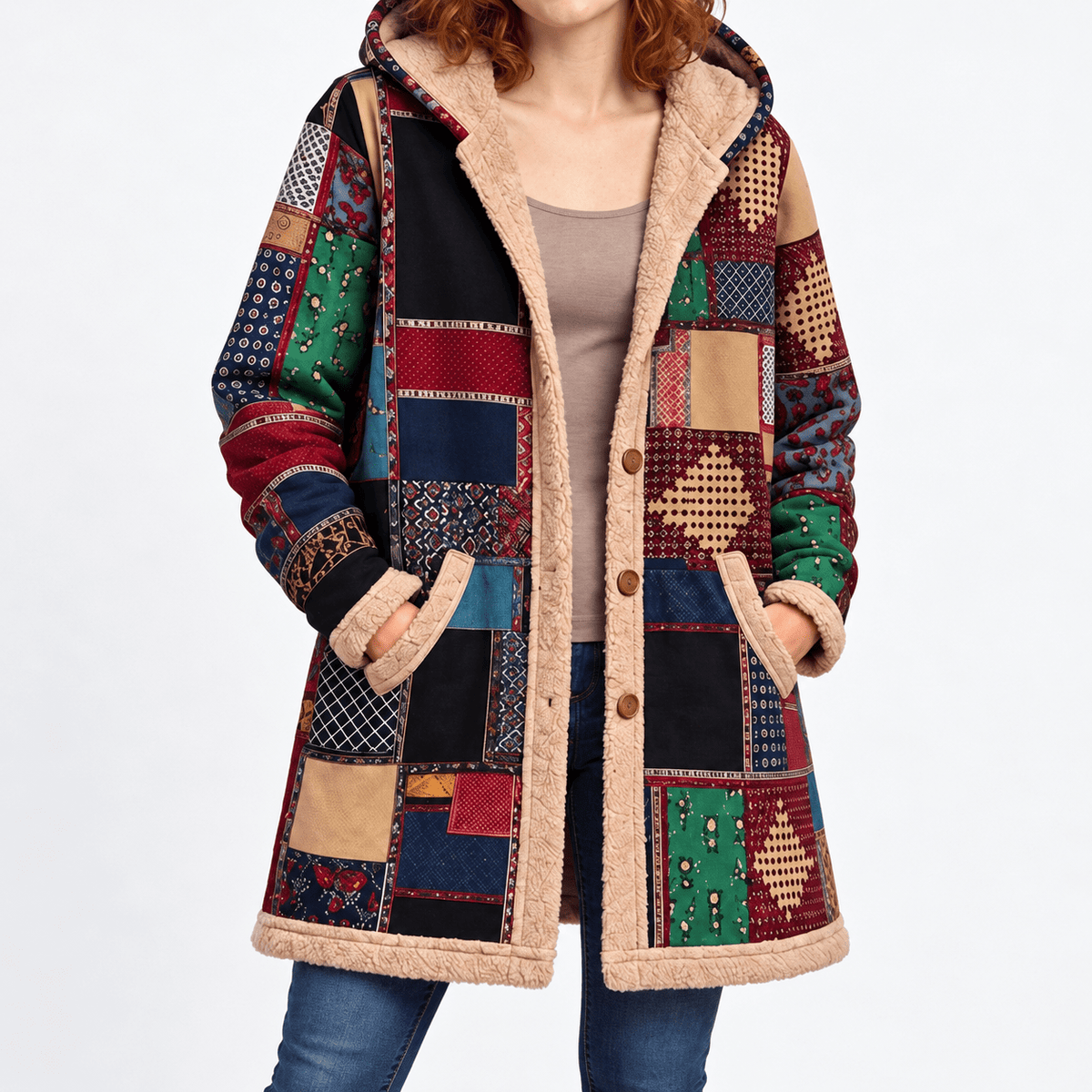 Wiktoria - Women's Hooded Patchwork Longline Jacket with Sherpa Trim - Overcoats - Green - Davies & Cooper