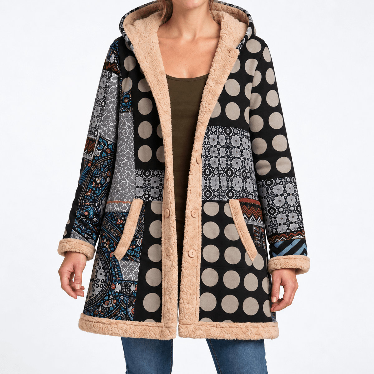 Wiktoria - Women's Hooded Patchwork Longline Jacket with Sherpa Trim - Overcoats - Blue - Davies & Cooper