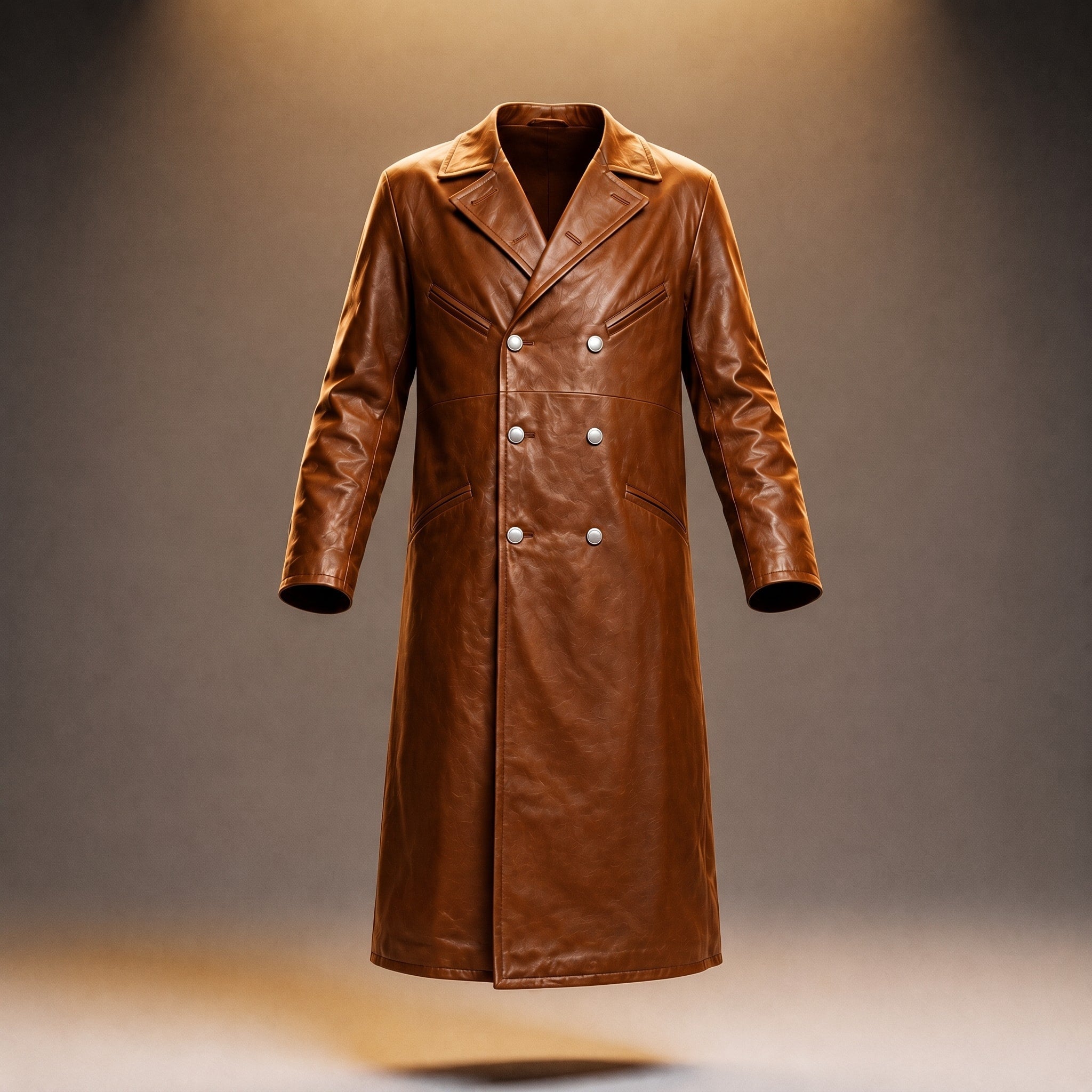 William - Men's Double-Breasted Longline Overcoat with Metal Buttons - Trench Coats - Brown - Davies & Cooper