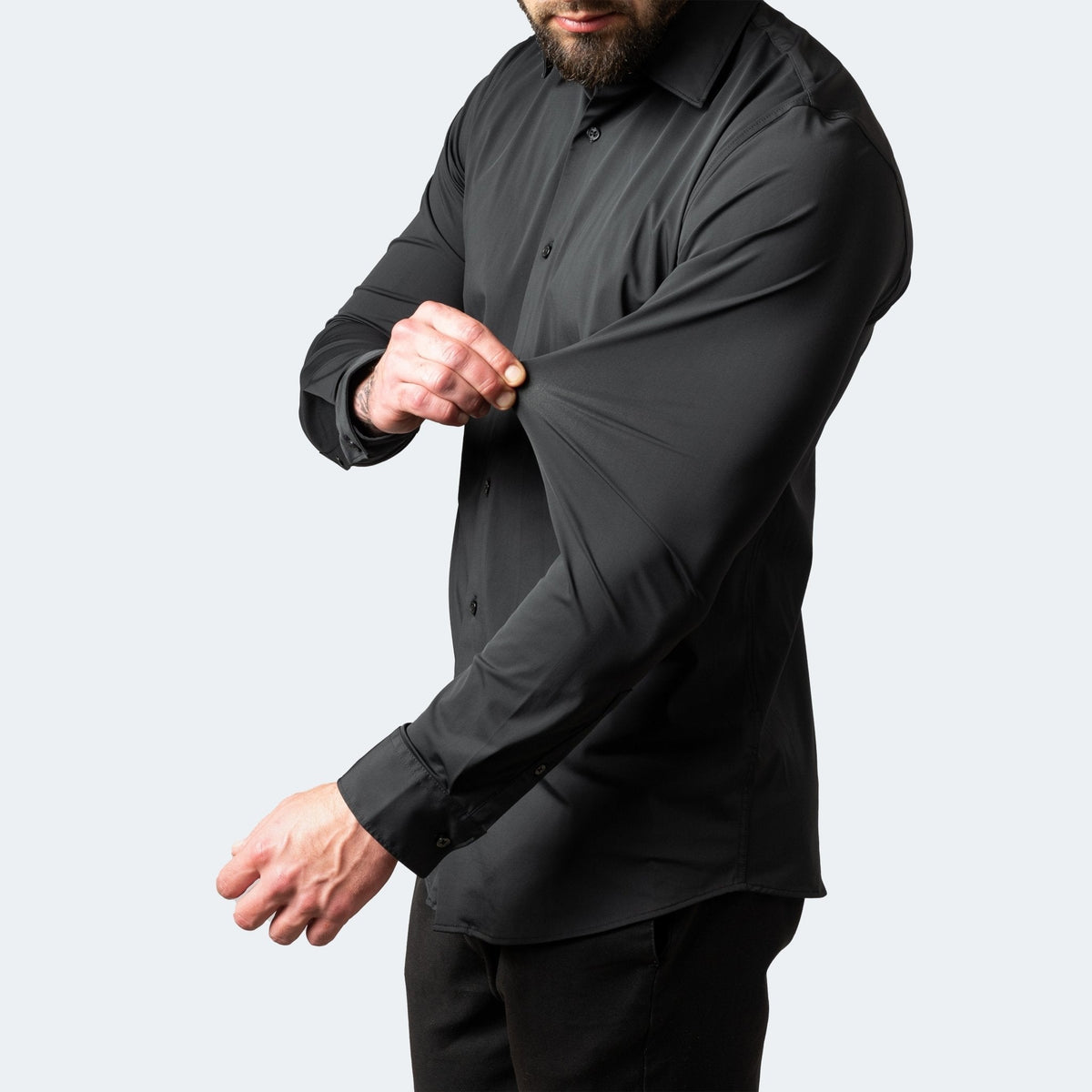 William - Men's Slim Fit Long Sleeve Stretch Shirt with Button Cuffs - Shirts - Black - Davies & Cooper