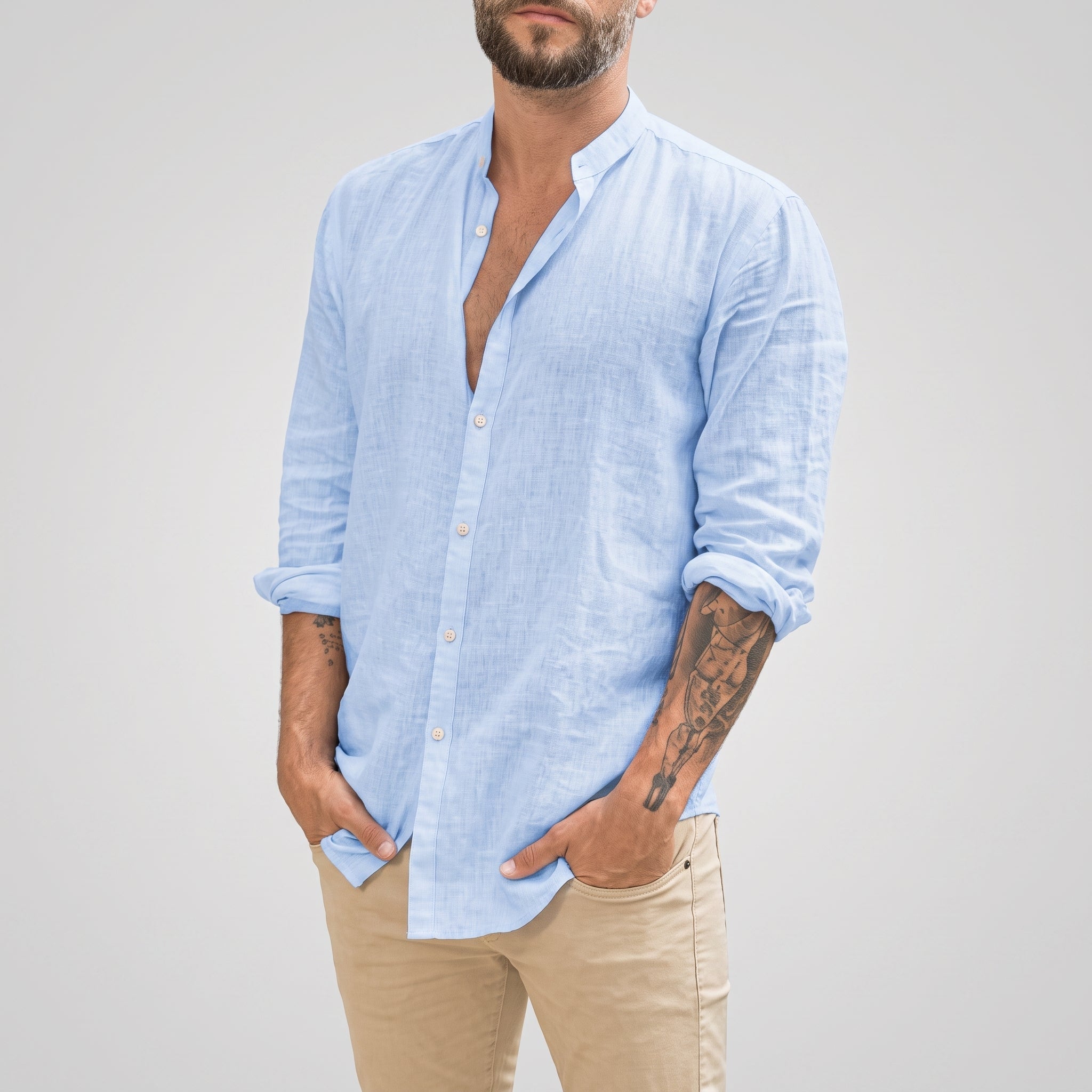 William - Men's Summer Grandad Collar Long Sleeve Shirt - Shirts - Light Blue - Davies & Cooper