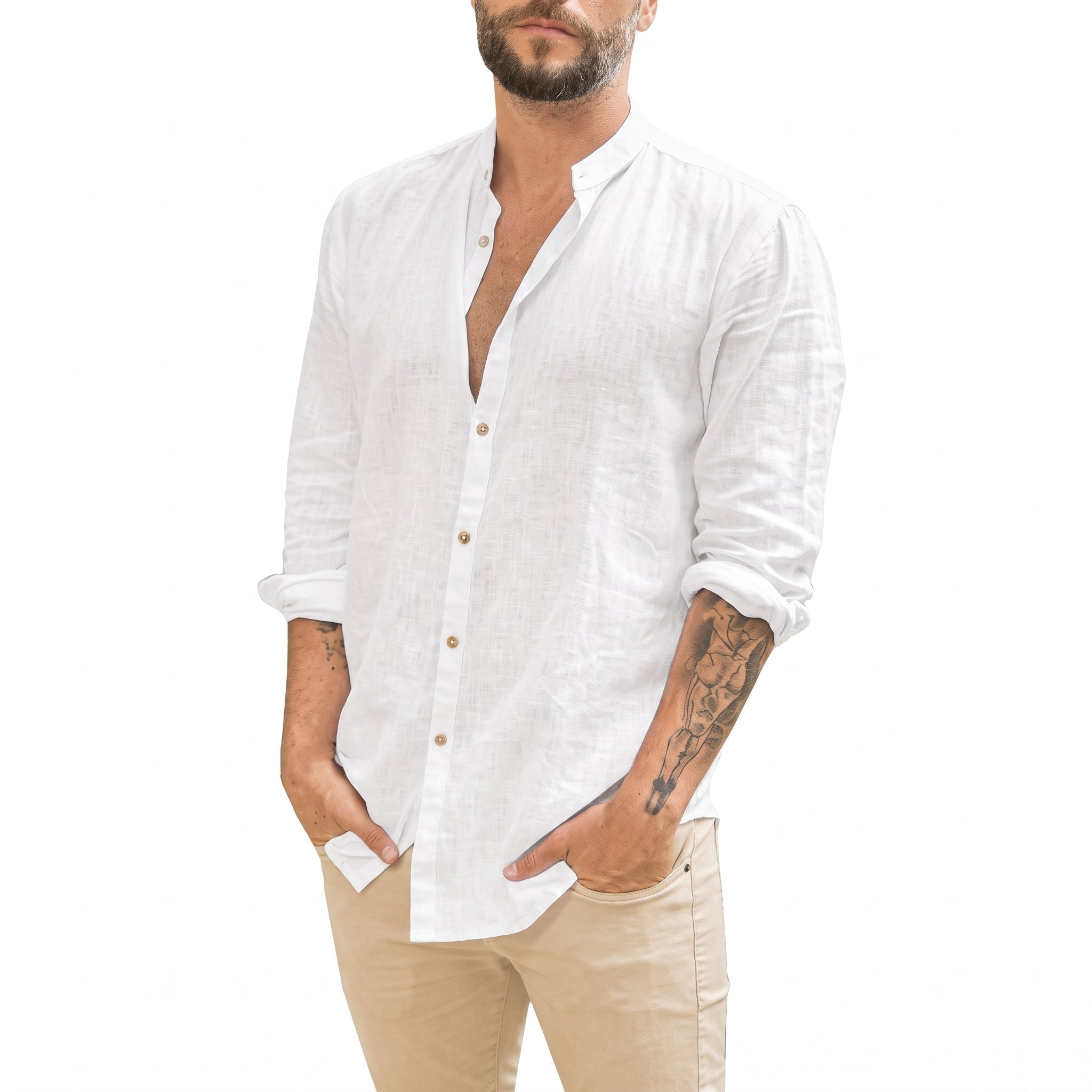 William - Men's Summer Grandad Collar Long Sleeve Shirt - Shirts - White - Davies & Cooper