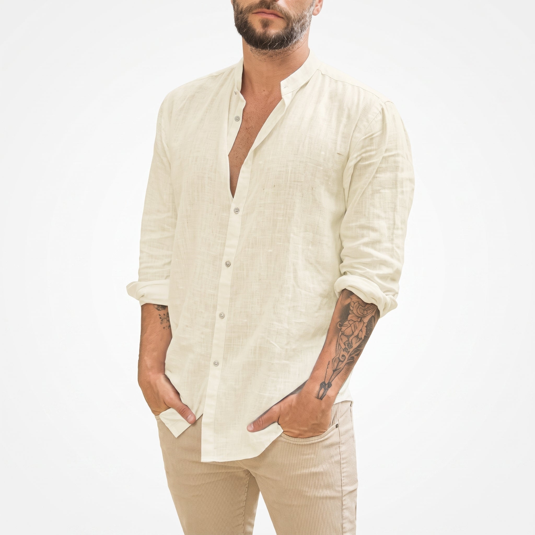 William - Men's Summer Grandad Collar Long Sleeve Shirt - Shirts - Beige - Davies & Cooper