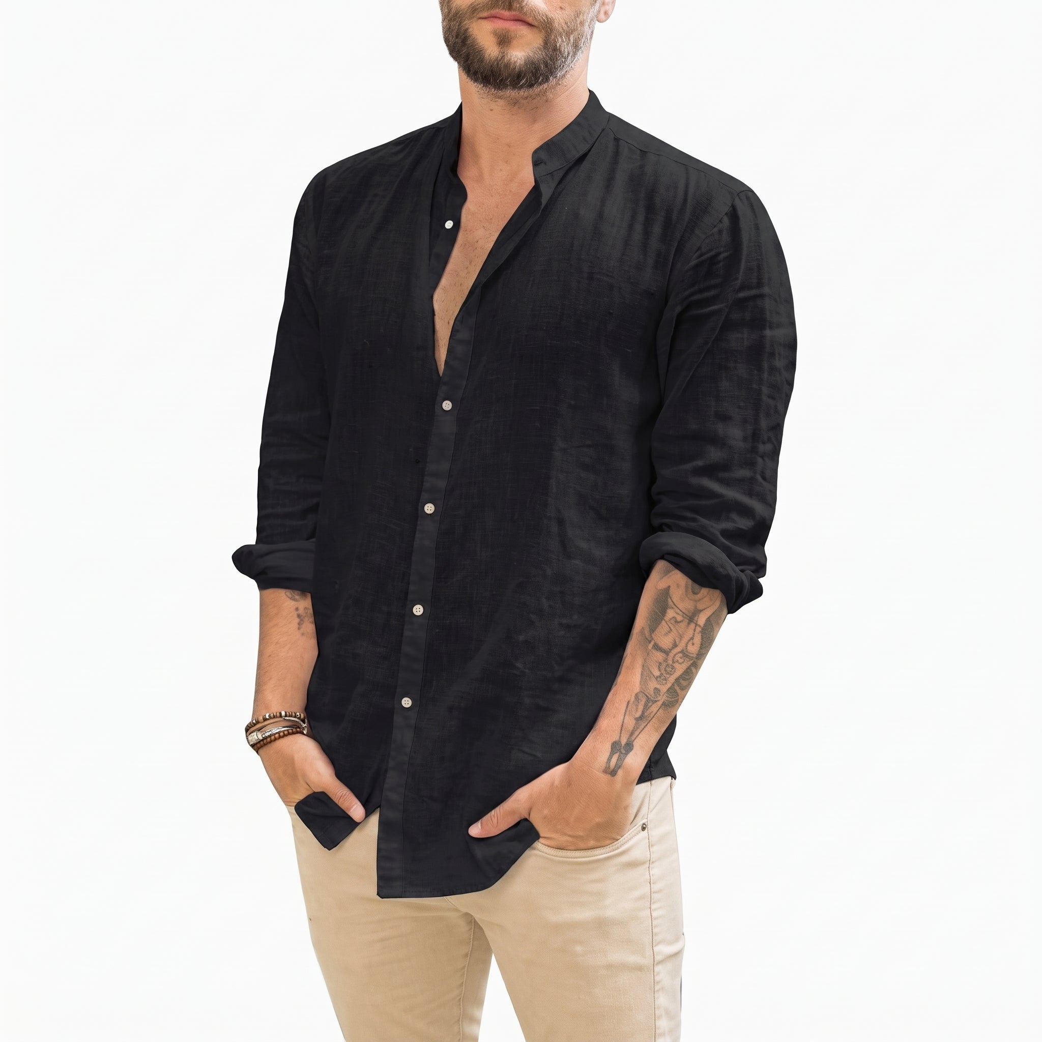 William - Men's Summer Grandad Collar Long Sleeve Shirt - Shirts - Black - Davies & Cooper