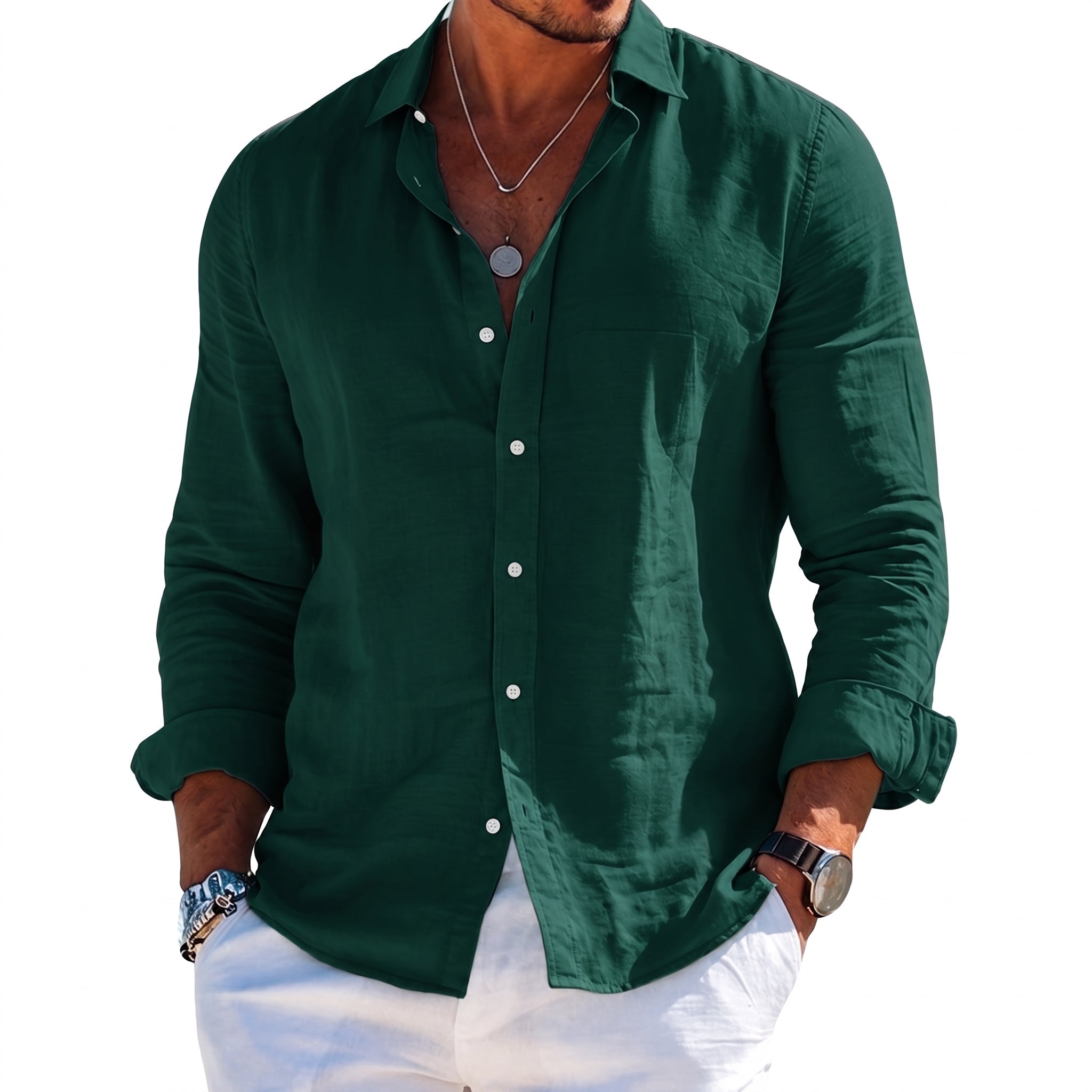 William - Men's Summer Point Collar Long Sleeve Shirt - Shirts - Green - Davies & Cooper