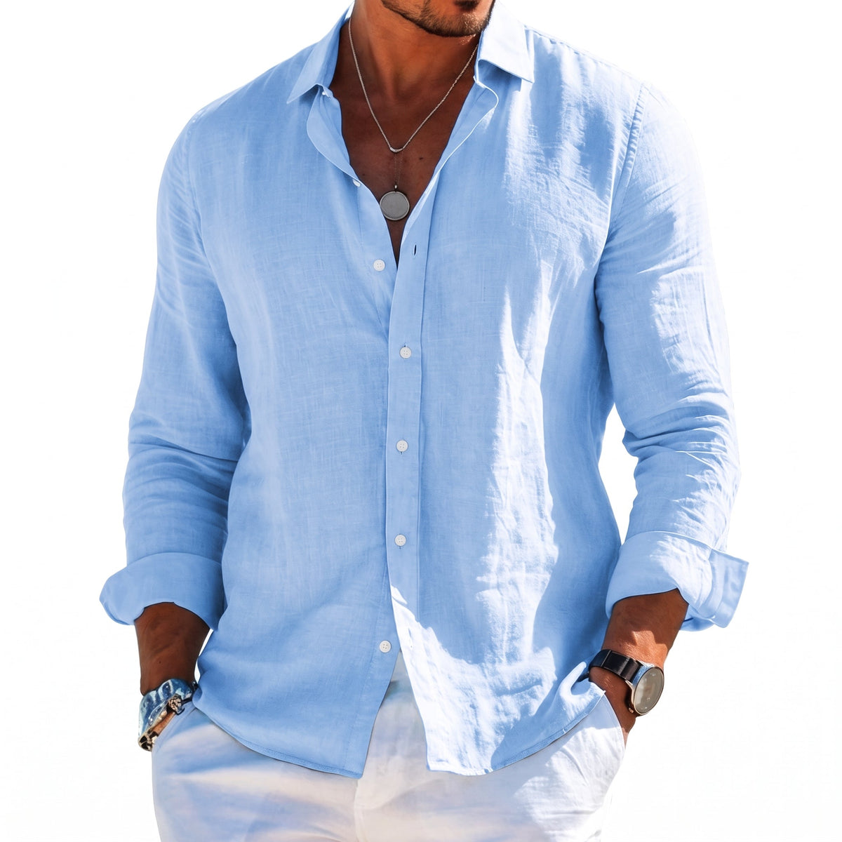 William - Men's Summer Point Collar Long Sleeve Shirt - Shirts - Light Blue - Davies & Cooper