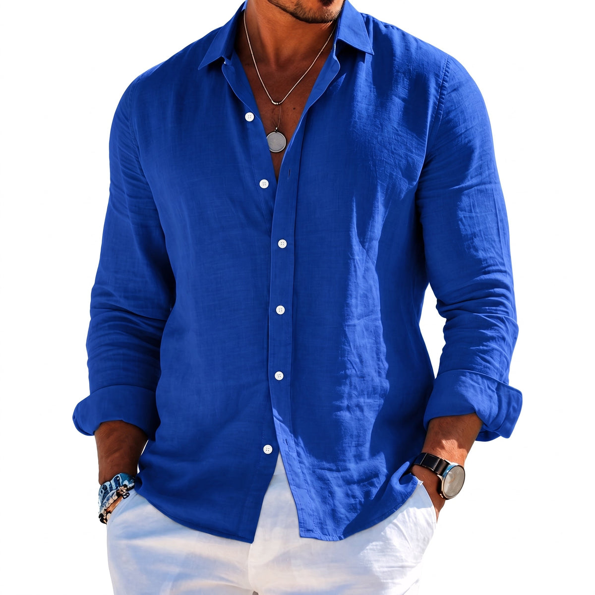 William - Men's Summer Point Collar Long Sleeve Shirt - Shirts - Blue - Davies & Cooper