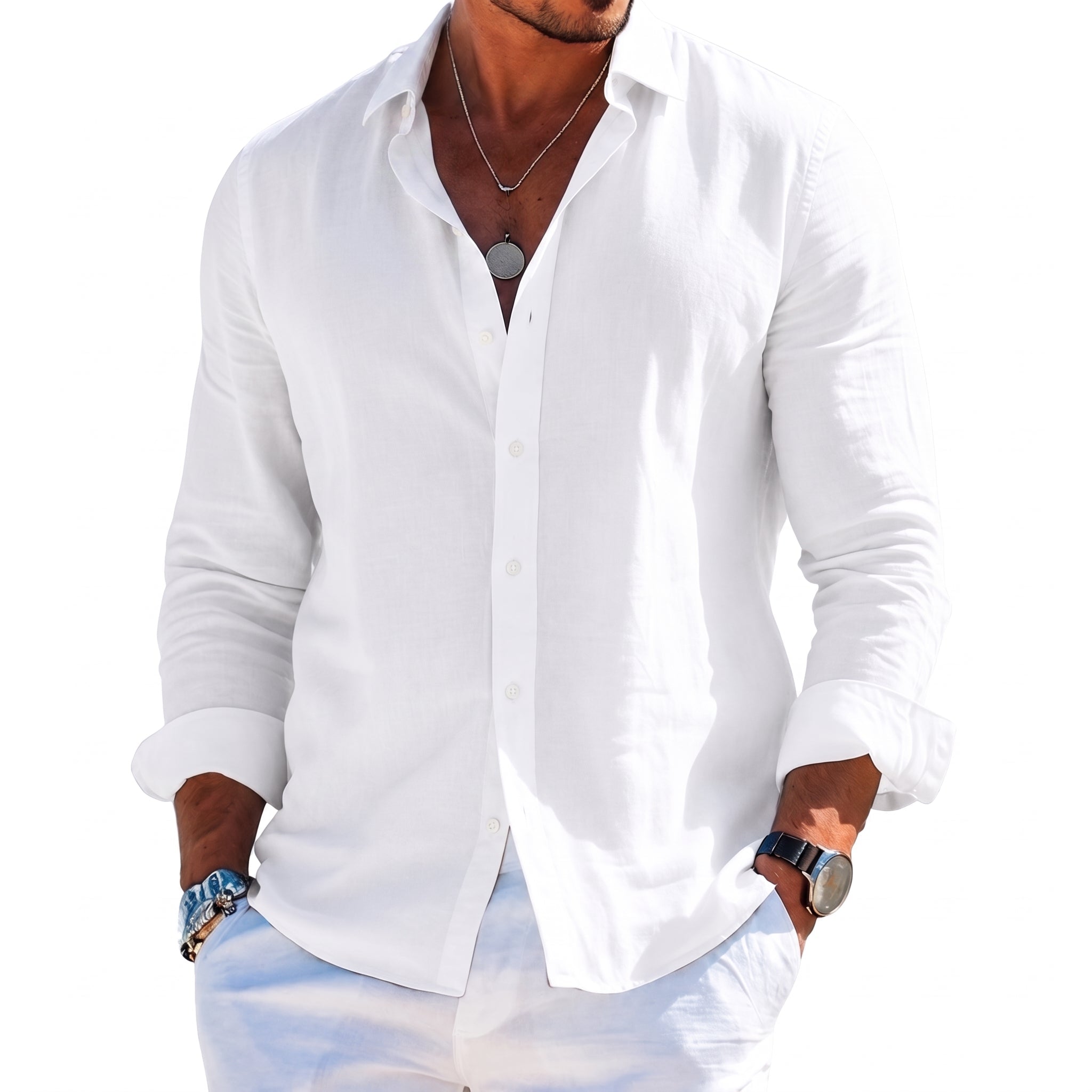 William - Men's Summer Point Collar Long Sleeve Shirt - Shirts - White - Davies & Cooper
