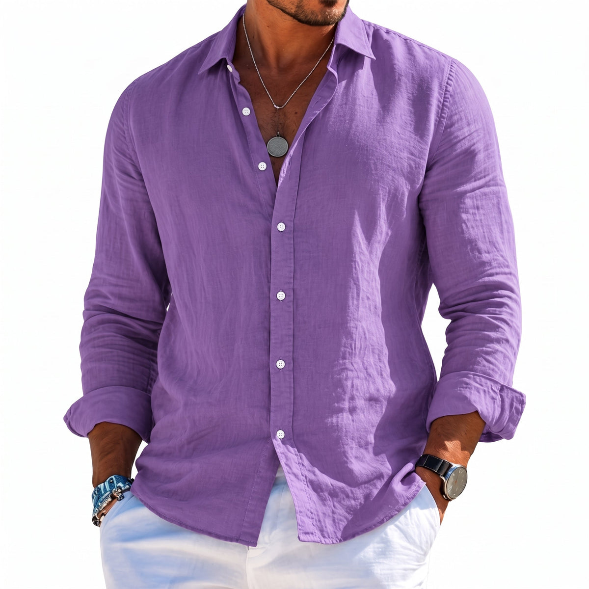 William - Men's Summer Point Collar Long Sleeve Shirt - Shirts - Purple - Davies & Cooper