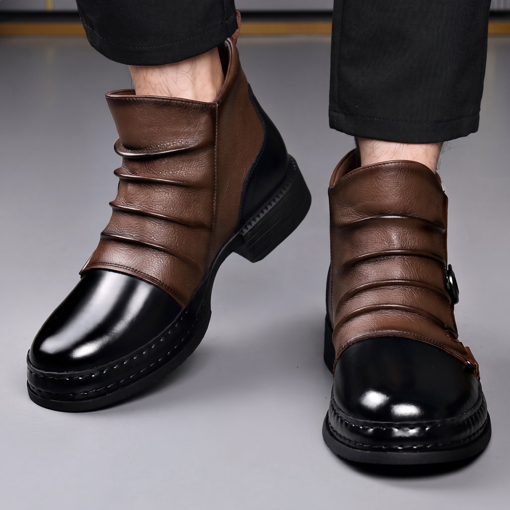 William - Men's Two-Tone Ridged Buckle Strap Ankle Boots - Boots - Brown - Davies & Cooper
