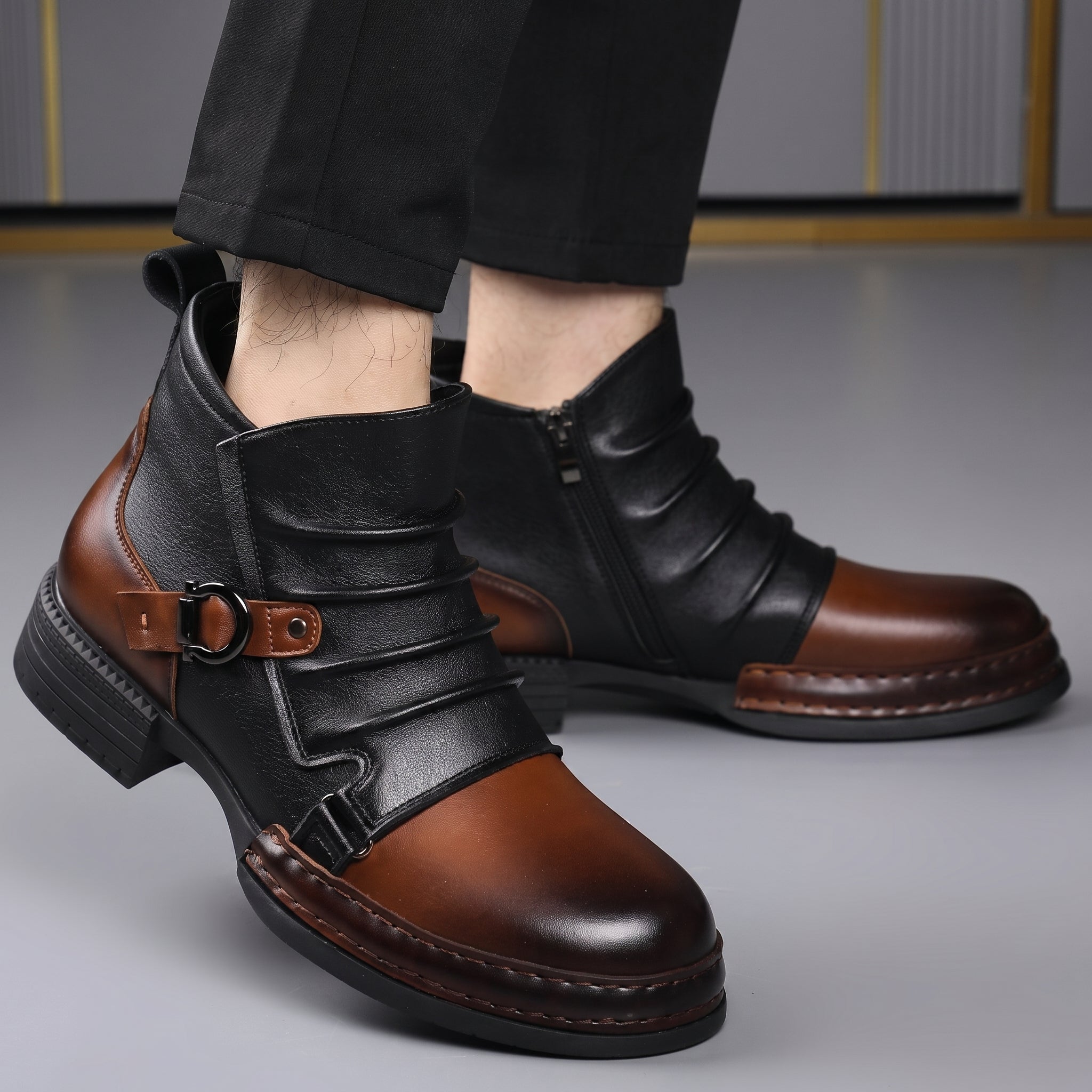 William - Men's Two-Tone Ridged Buckle Strap Ankle Boots - Boots - Black - Davies & Cooper