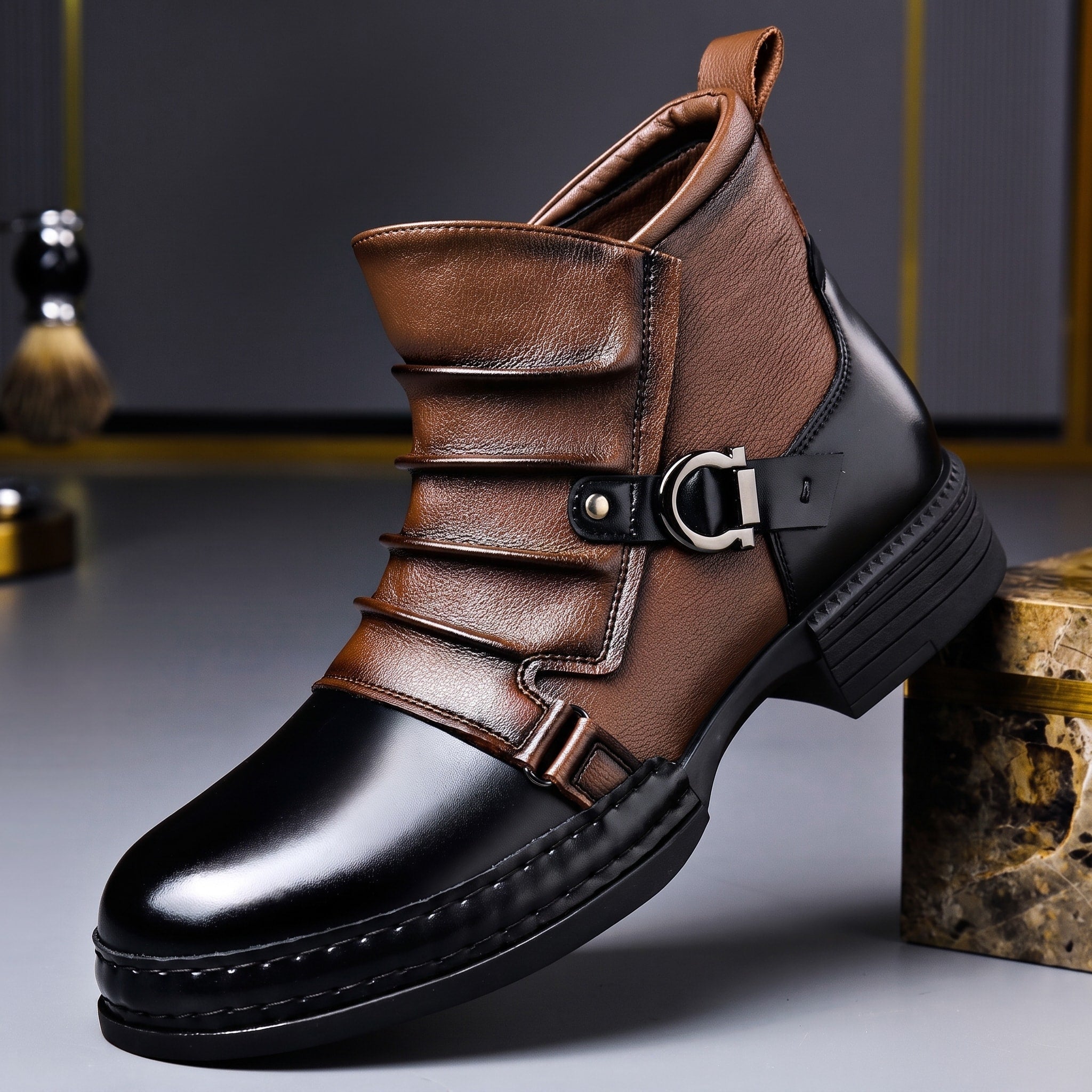 William - Men's Two-Tone Ridged Buckle Strap Ankle Boots - Boots - Brown - Davies & Cooper