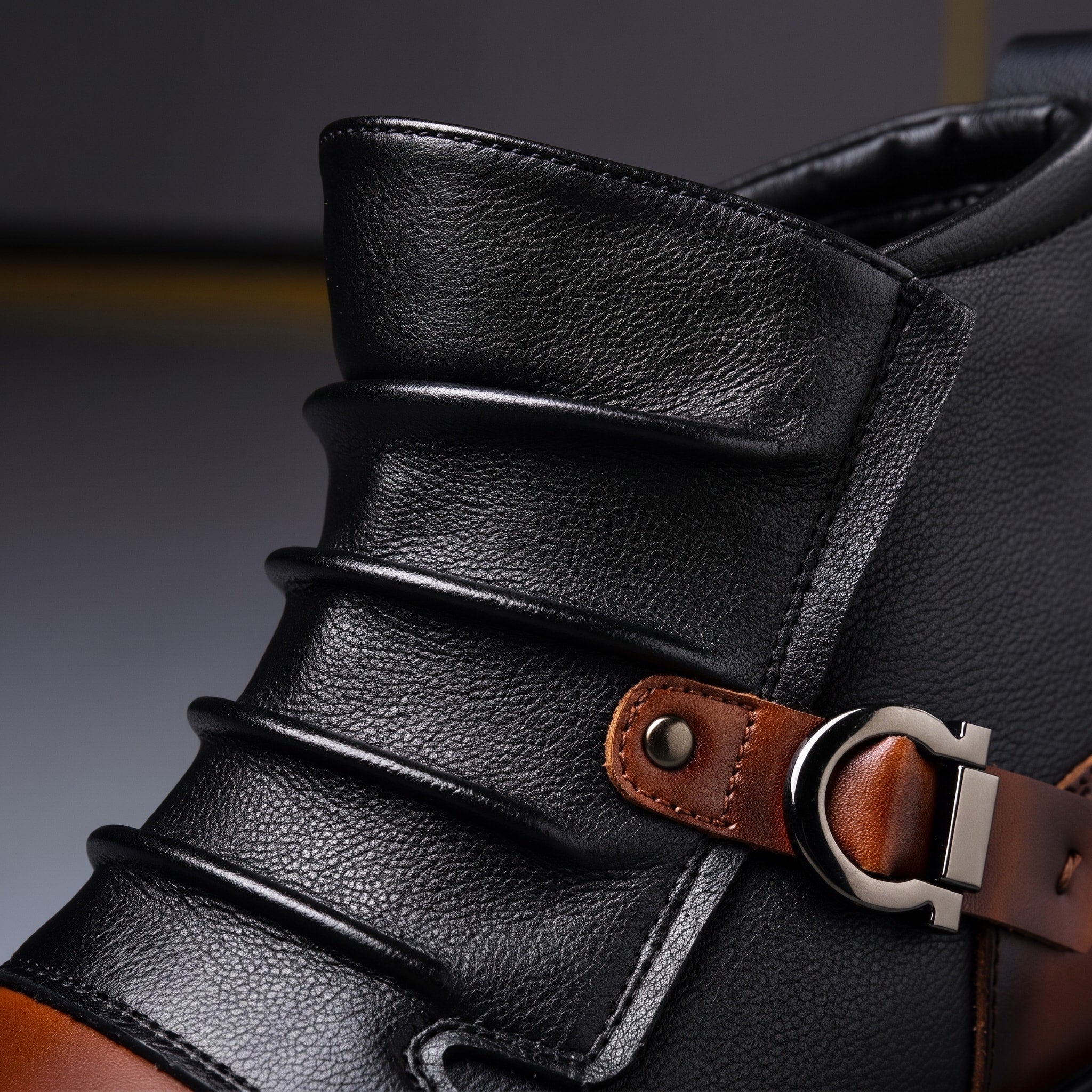 William - Men's Two-Tone Ridged Buckle Strap Ankle Boots - Boots - Black - Davies & Cooper