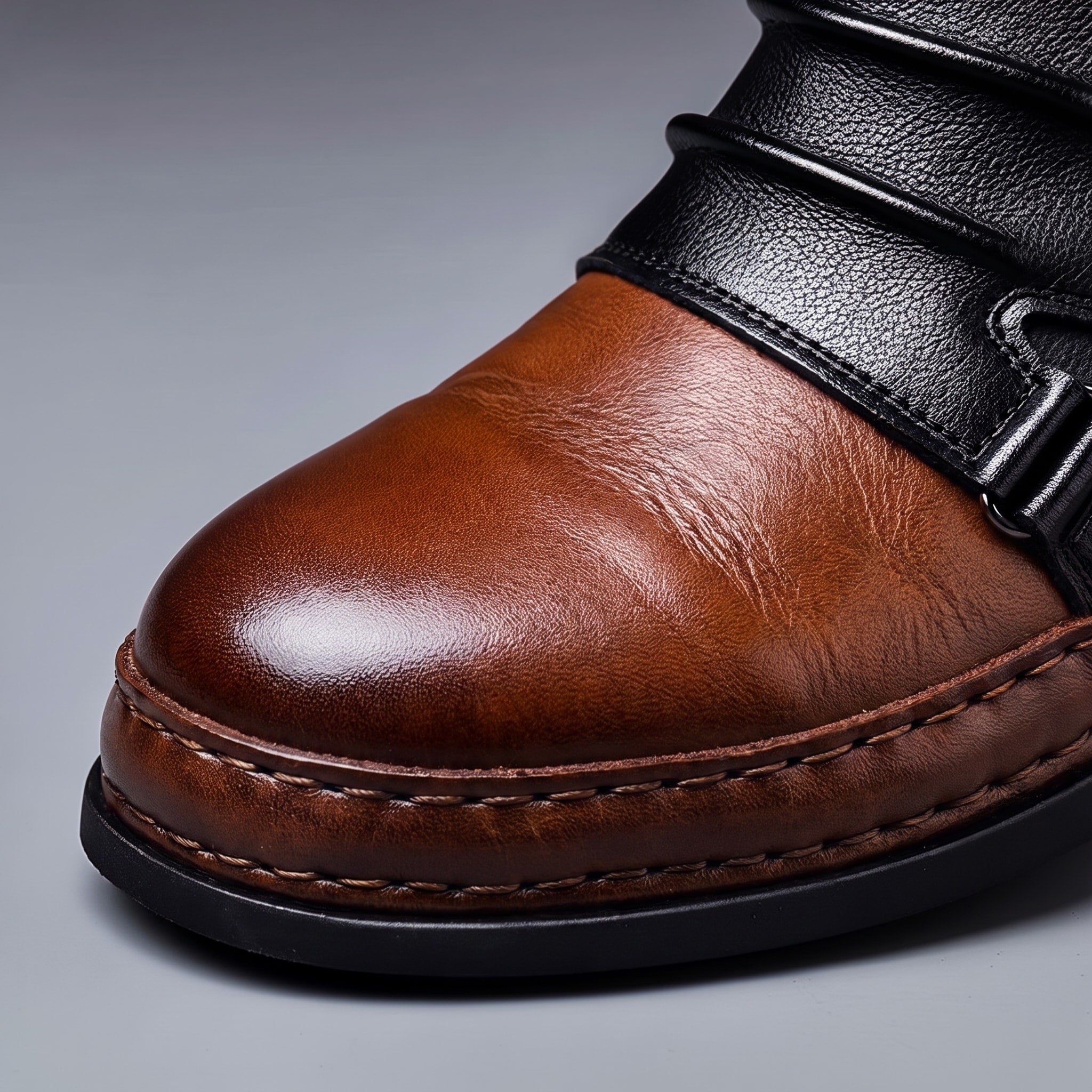William - Men's Two-Tone Ridged Buckle Strap Ankle Boots - Boots - Black - Davies & Cooper