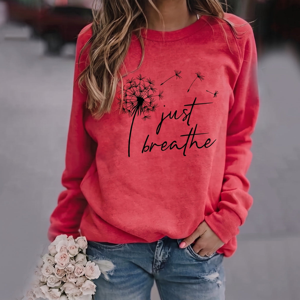Yarely - Women's Dandelion Print Crew Neck Sweatshirt - Sweatshirts - Red - Davies & Cooper