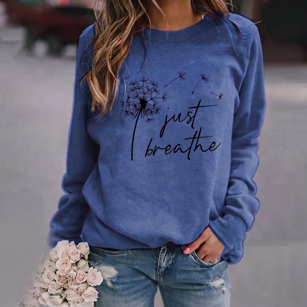 Yarely - Women's Dandelion Print Crew Neck Sweatshirt - Sweatshirts - Blue - Davies & Cooper