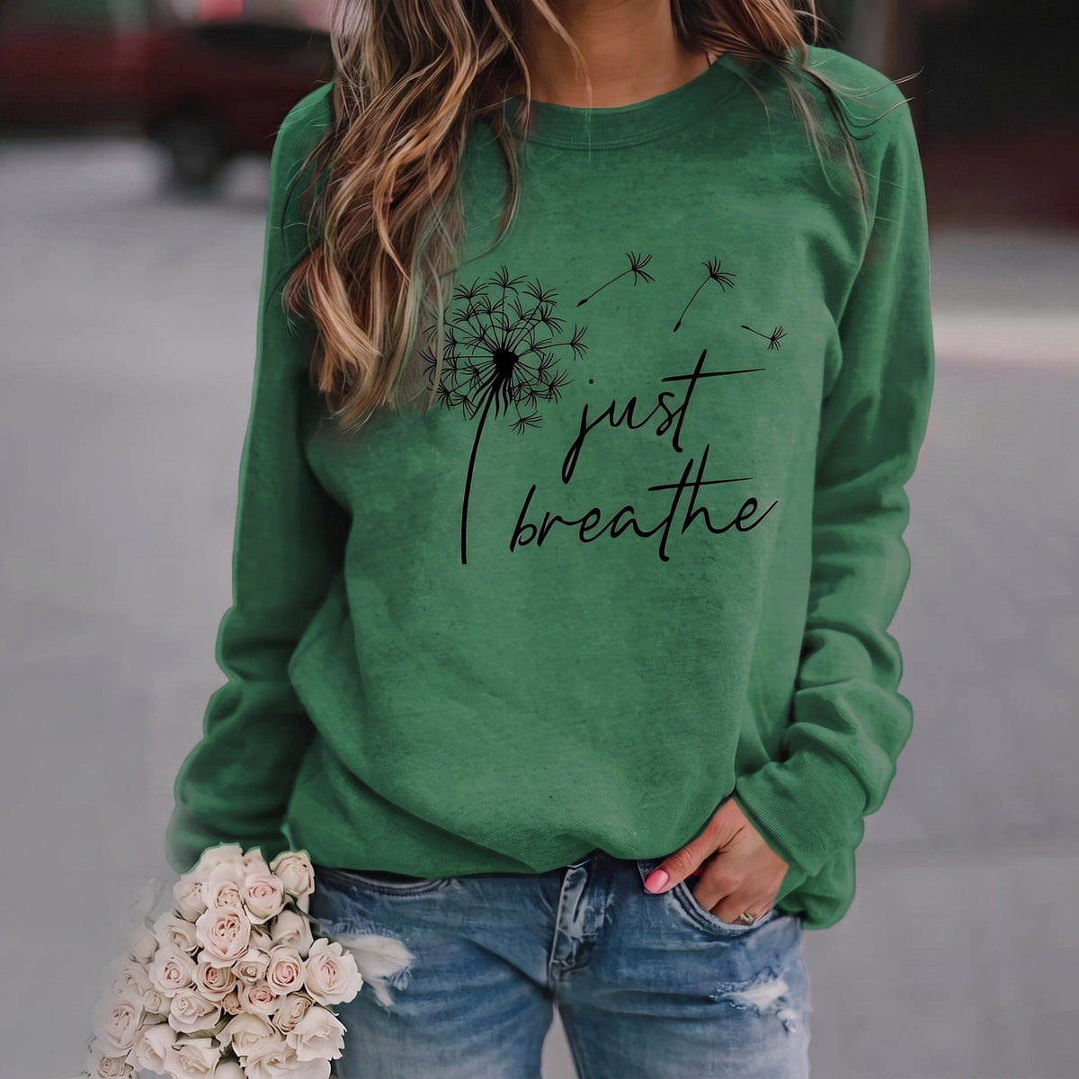 Yarely - Women's Dandelion Print Crew Neck Sweatshirt - Sweatshirts - Green - Davies & Cooper