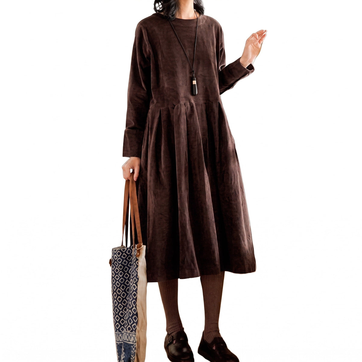 Zoe - Women's Pleated Midi Dress with Long Sleeves and Round Neck - Dresses - Brown - Davies & Cooper